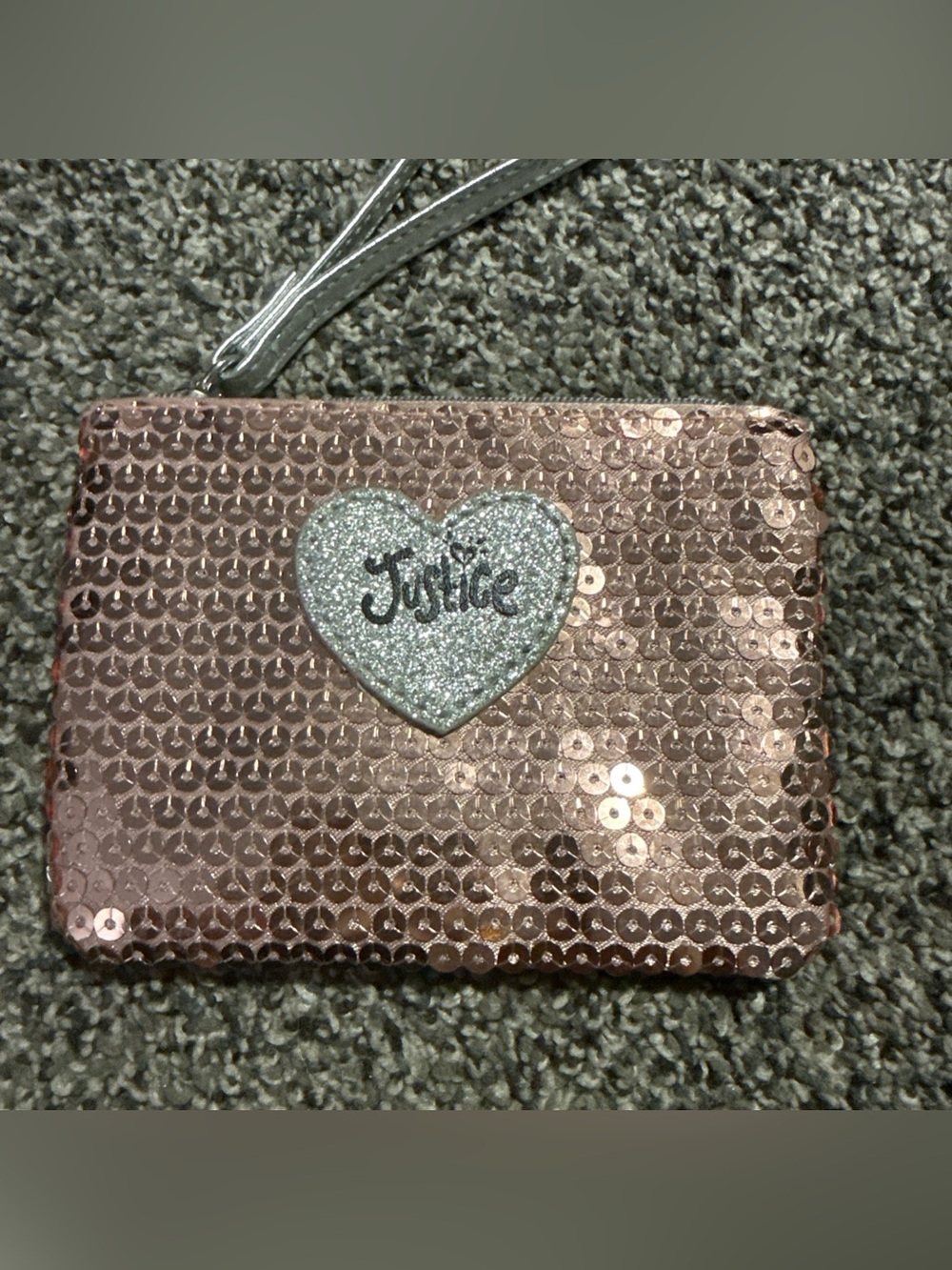 Justice Girl's Rose Gold Sequin Zipper Wrist Wallet Coin Purse Handle 4.5”x3.5”